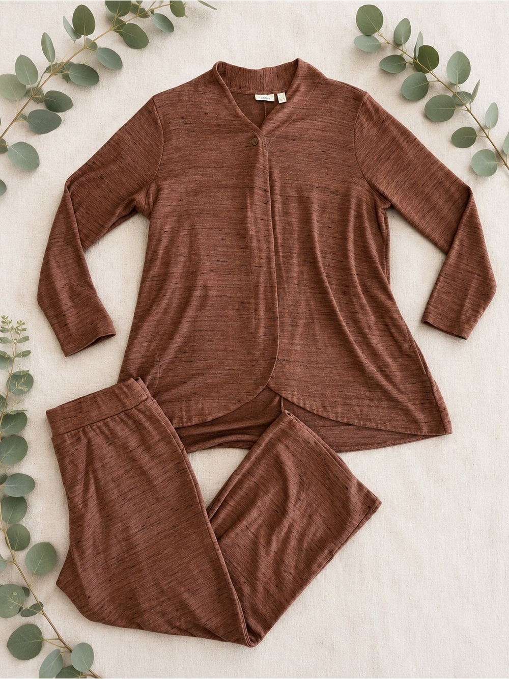 LOGO by Lori Goldstein Brown Two-Piece Pajama Set M-Pant L-Top